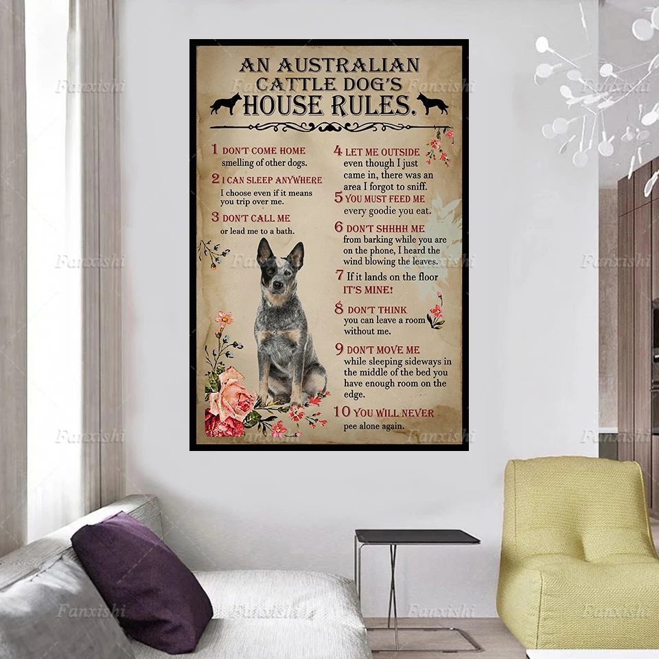 

Модульные принты, Картина на холсте, домашний декор, австралийские крупный рогатого скота, собаки, Правила Дома, искусство, картина для гост...