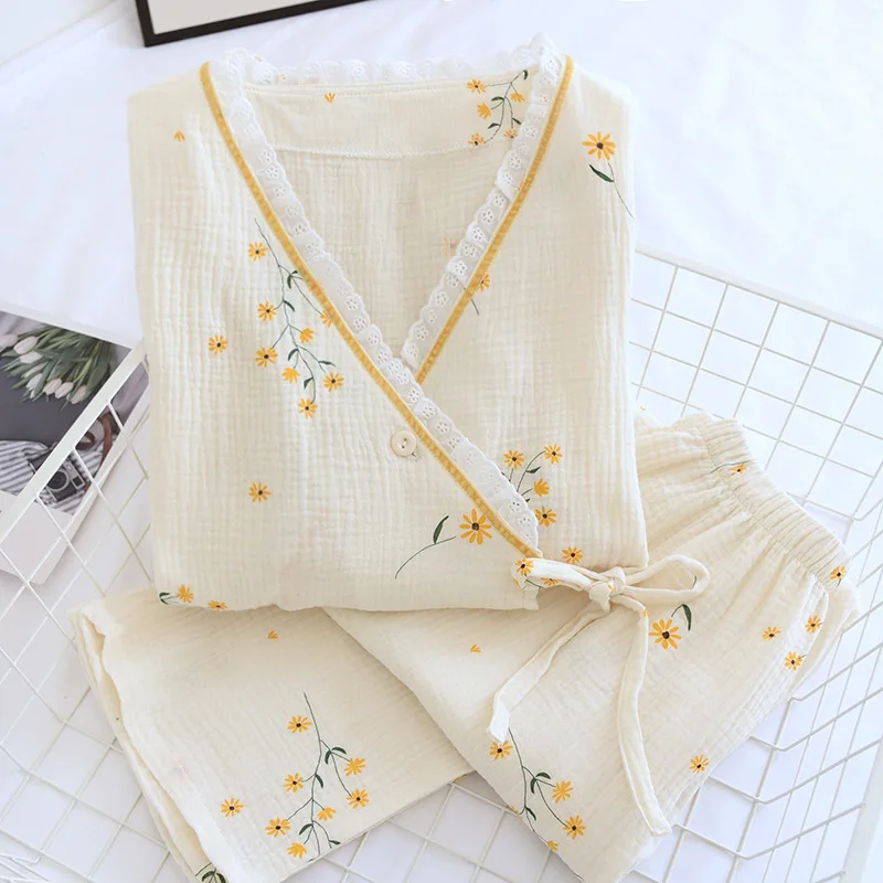 

Suit Long Kimono Pajama 2022 Sleepwear Clothes V-neck Spring Women's Female Sleeve Home Gauze Fdfklak Cotton Crepe Home