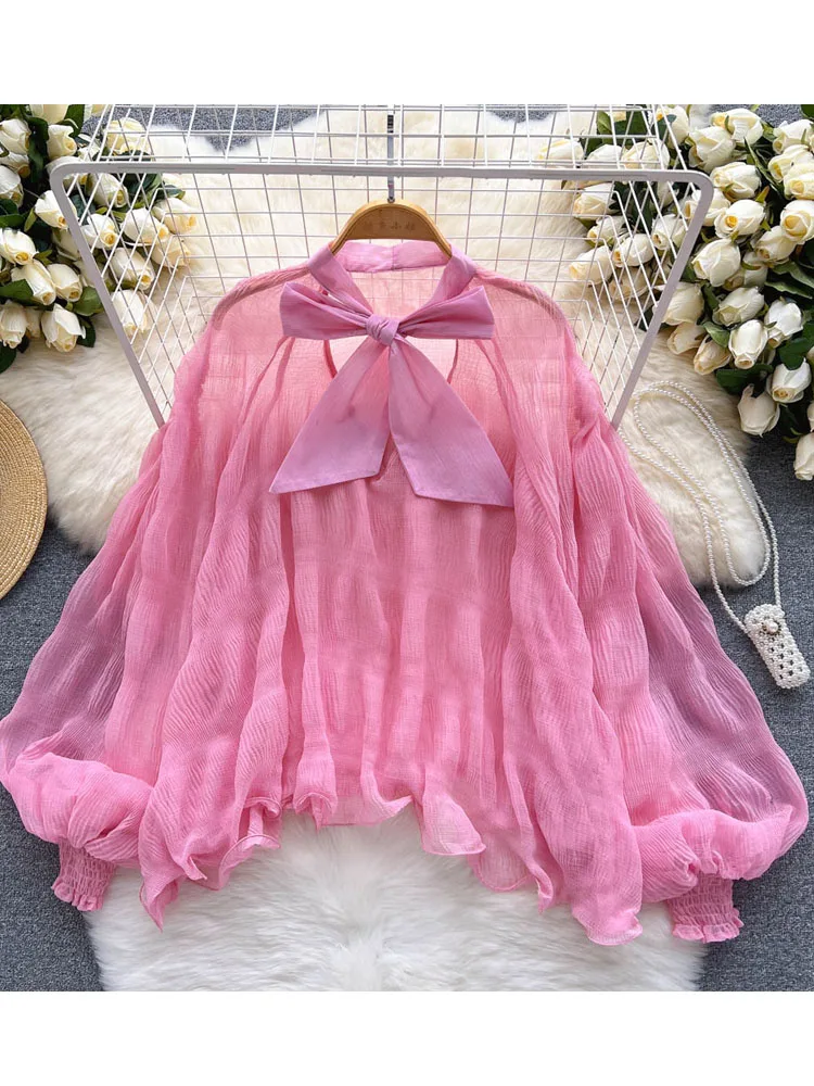 

Summer 2022 New Thin Bow Chiffon Long-sleeved Blouse Women's Sweet Loose and Thin Fashion Niche Blusa Shirt Y033