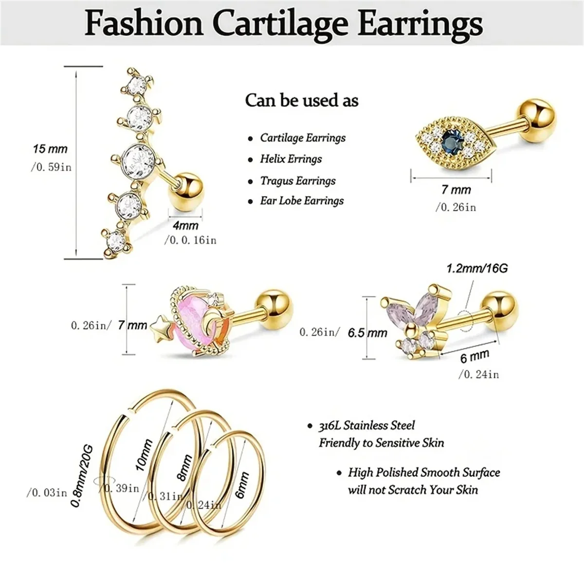 Серьги-гвоздики женские гипоаллергенные 2-16 шт. 16 г