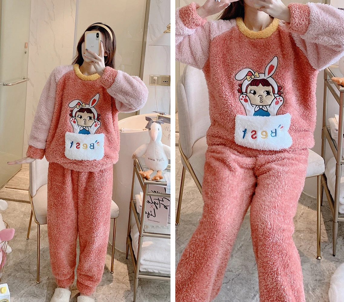 2022 Winter Flannel Pyjamas Women Kawaii Cartoon Long Sleeve Warm Sleepwear Cute Embroidery Pajamas Two Pieces Suit Homewear