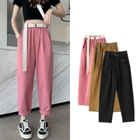 summer washed cotton harem pants women loose pleated elastic waist pink black casual trousers