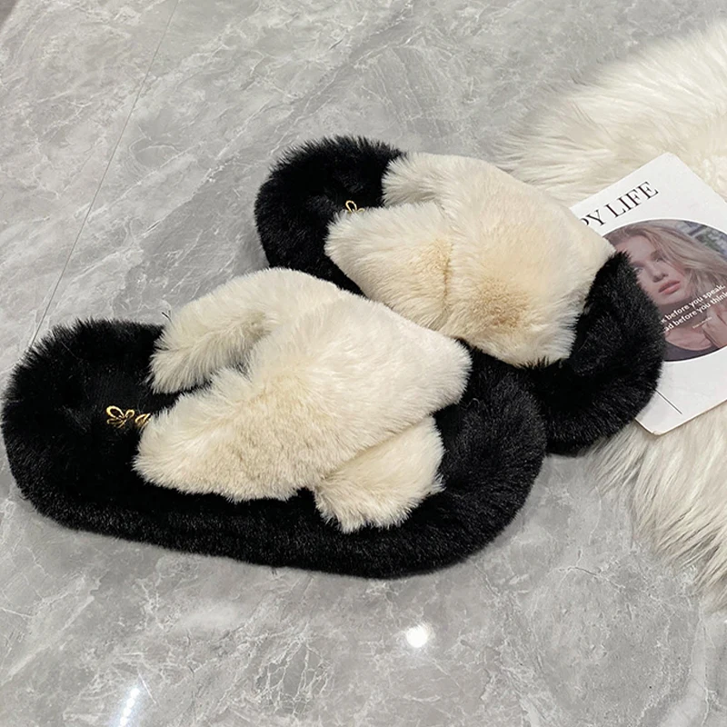 

2023 Fur Flats Fashion Winter Women Slippers Family Shoes Platform Casual Shorts Plush Flip Flops New Trend Dress Chaussure Lady