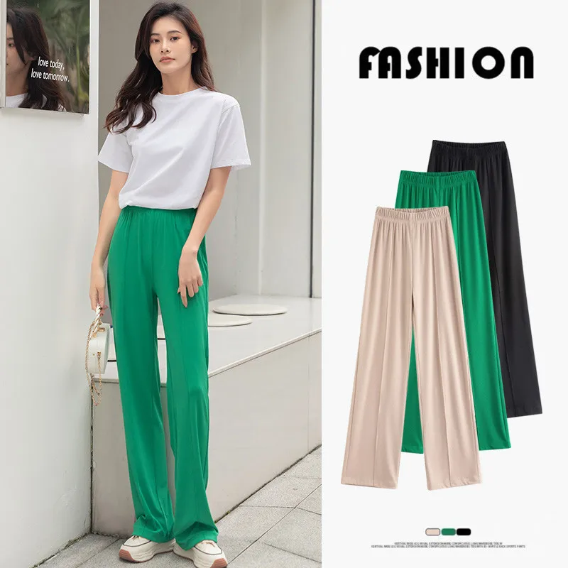 2022 Thin Loose Casual Drop Feeling Ice Silk Pants Women'S Summer Korean Fashion Trend High Waist Straight Tube Wide Leg Trouser