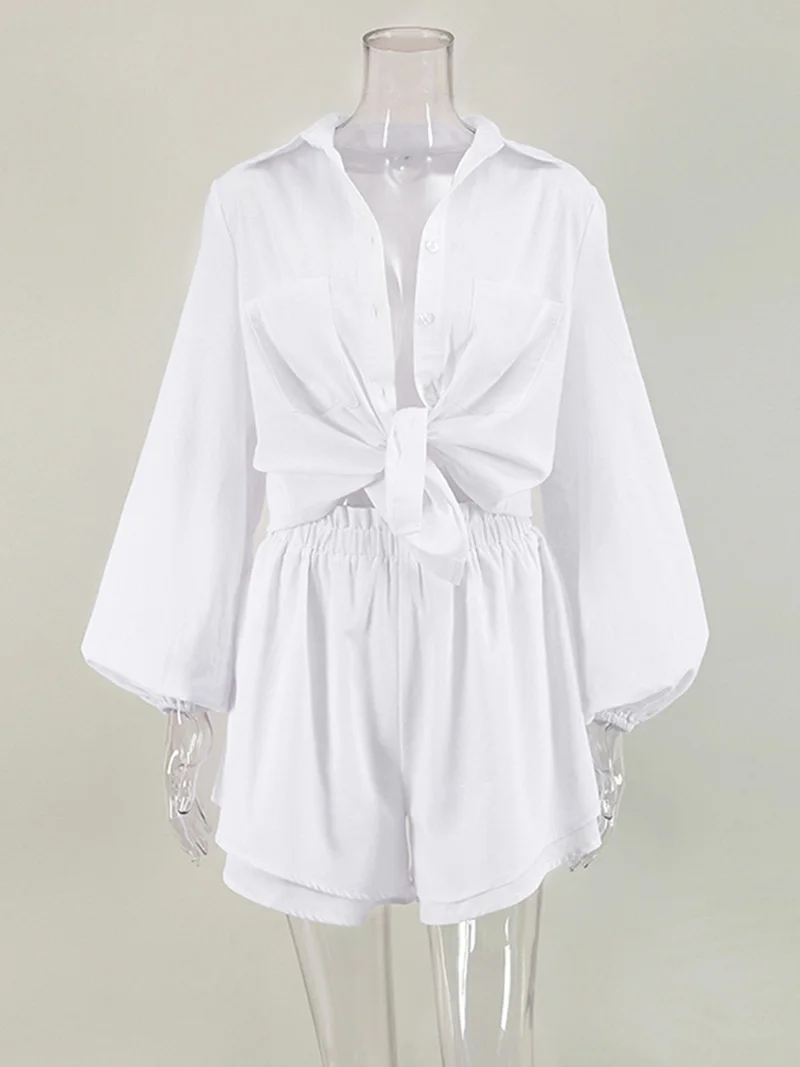 2022 Women Spring Summer Bohemian Shorts Sets Solid White Loose Fit Outfits Blouse Suit 2 Two Piece Set For Women