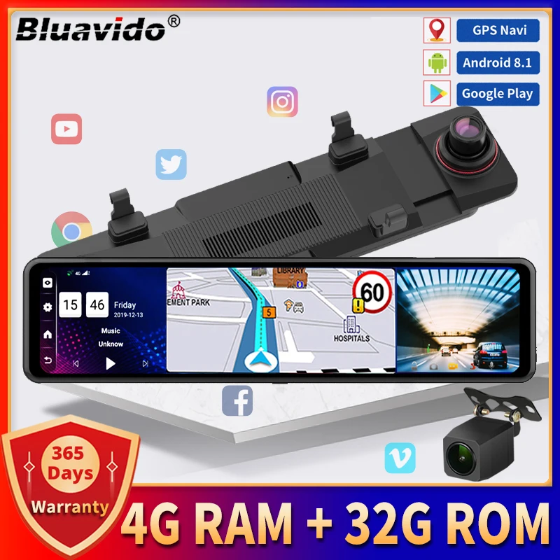 

Bluavido 11 Inch 4G Car Mirror Dash Cam Android GPS Navigation ADAS Dual Camera FHD 1080P Auto Video Recorder Night Vision DVR