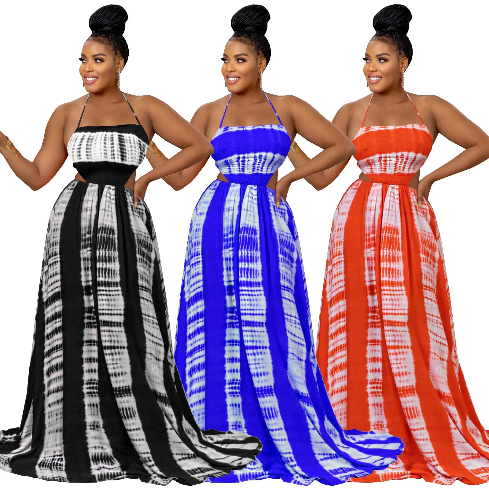 

2022 New Summer Street Style Sexy Dress Women Colorful Striped Print Sleeveless Backless Long Dress Party Dresses Women Evening