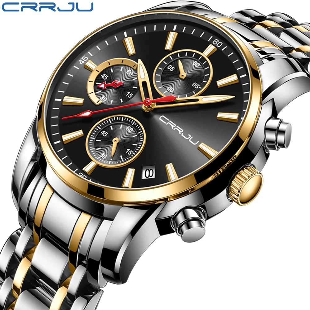 

CRRJU Brand New Men's Watch Fashion Business Casual Chronograph Luminous Dial With Date Waterproof Clock Relogio Masculino