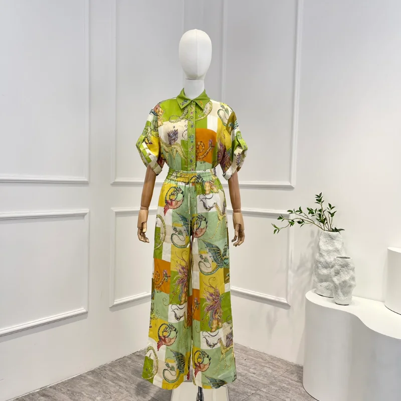 

2023 Summer Women Fashion High Quality Linen Yellow-green Vintage Printed Single Button Short-sleeved Blouse Wide Lag Pant Sets