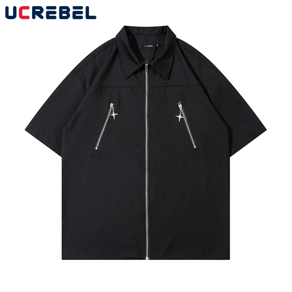

Solid Color Short Sleeve Shirt Mens Loose Casual Lapel Shirts Summer Streetwear Zipper Half-Sleeve Top Men