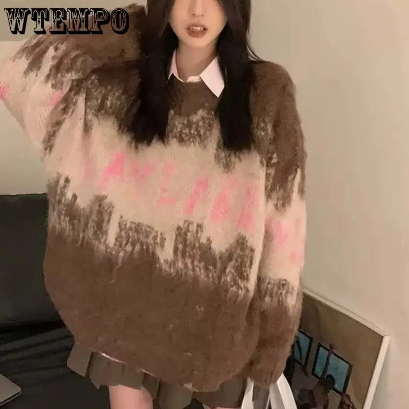

Tie-dyed Women Sweater Patchwork Color Loose Vintage Knitted Pullover Round Neck Long Sleeve Top Punk Pull Jumper Spring Fall
