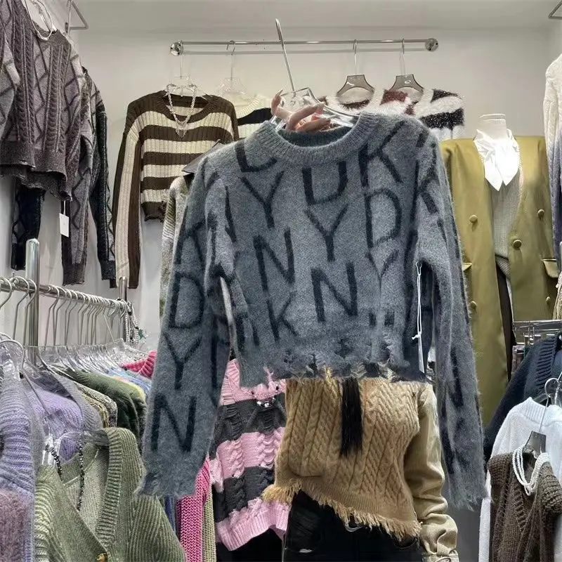 Корейский свитер с круглым вырезом и буквами осенние модные свободные пуловеры