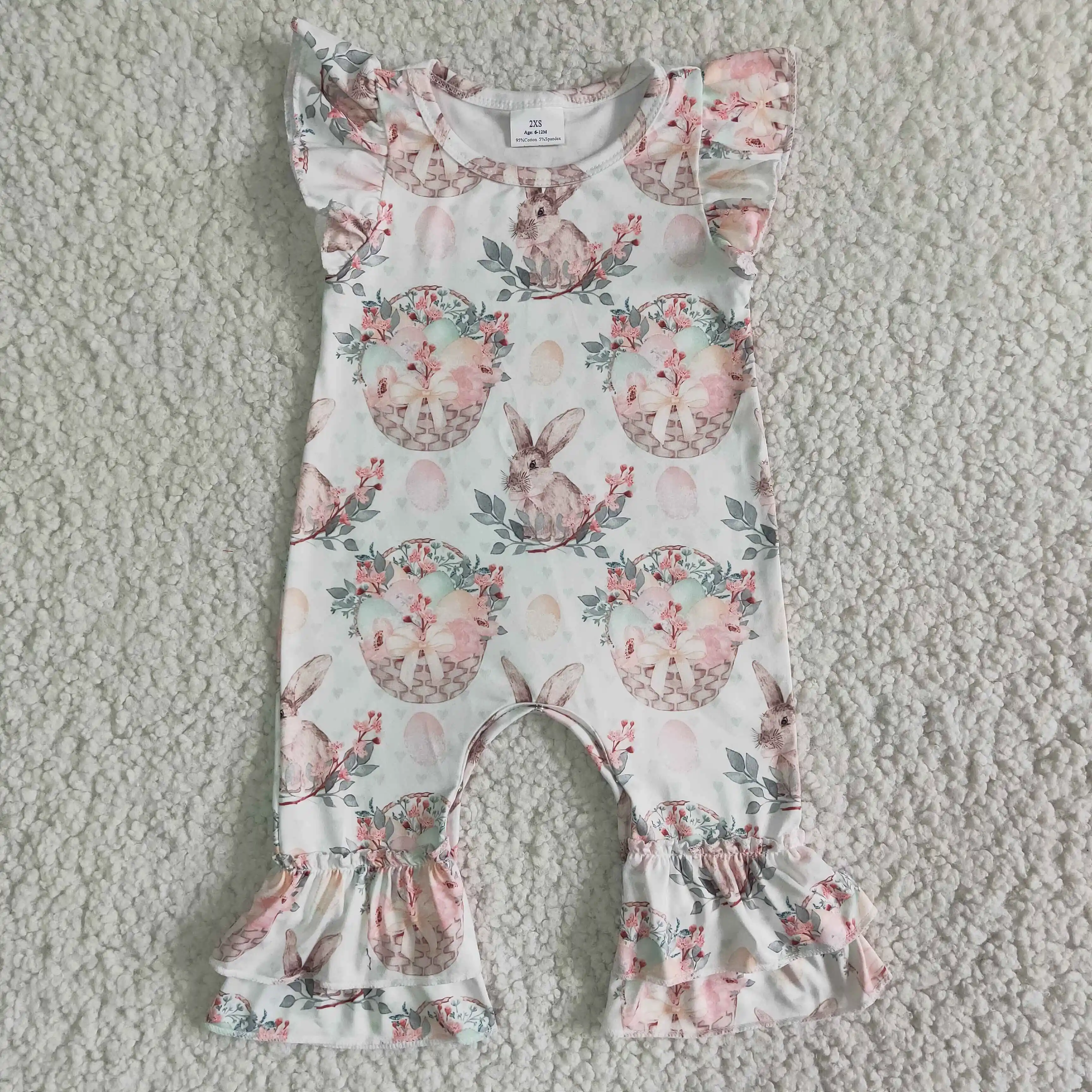 

Wholesale Spring Happy Easter Baby Girl Bunny Rabbit Egg Basket Boutique Clothing Kid One-piece Ruffle Romper Toddler Clothes