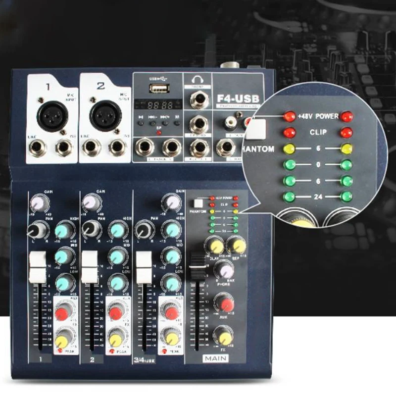 F4 Bluetooth Pure Platform 4-Way Mixer USB Home Reverb Mixer Recording Stage With Bluetooth Mixer Musical Instrument US Plug
