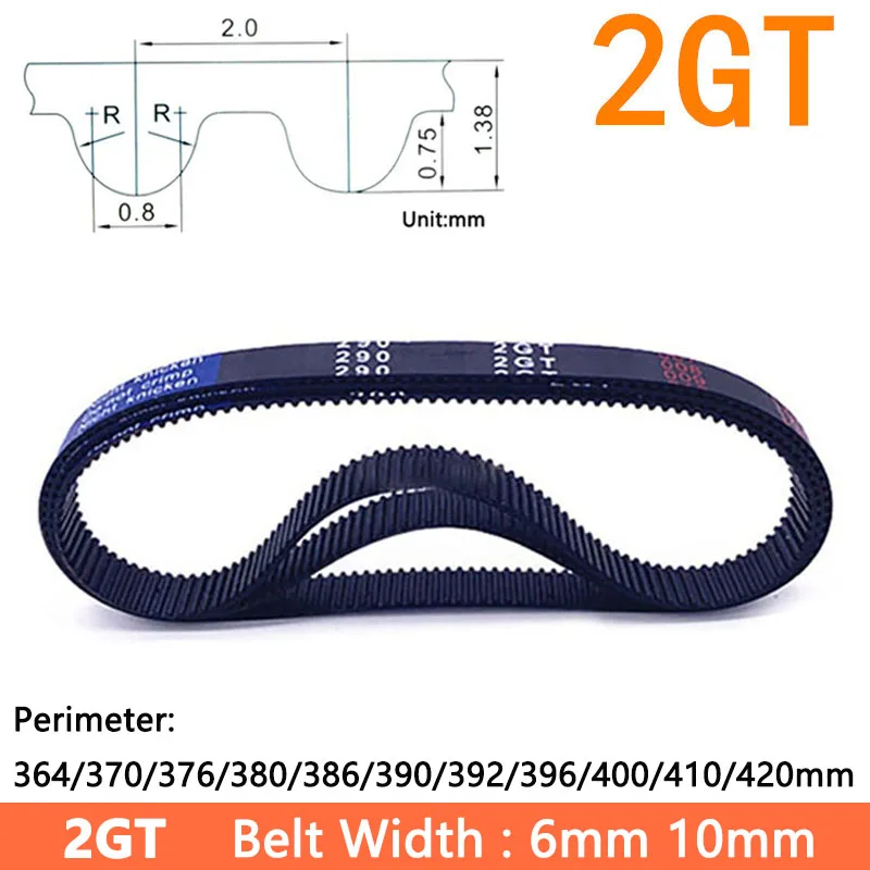 

2GT GT2 Synchronous Timing Belt Perimeter 364/370/376/380/386/390/392/396/400/410/420mm Width 6mm 10mm Rubber Closed Pitch 2mm