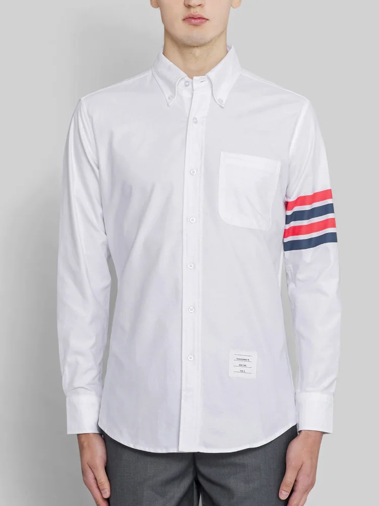 

THOM TB Men's Shirt Fashion Top Brand 4-Bar Red Black Stripes Casual Oxford Fine Cotton Long Sleeve High Quality Women's Shirts