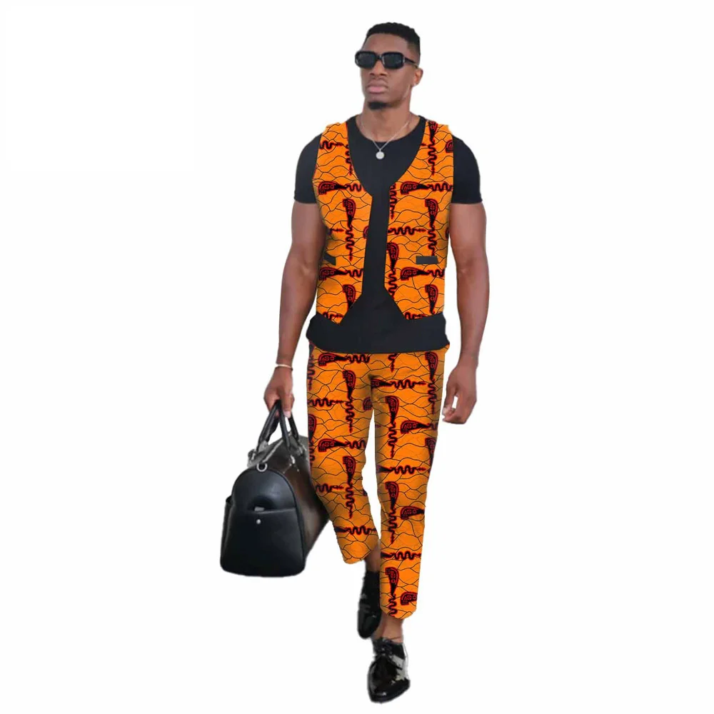 

Африканская мода, Мужская одежда, восковой принт, мужской костюм, жилет + брюки, комплект из двух предметов AFLIONE V2112004