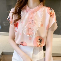 o neck chic printing fashion chiffon shirt summer new womens clothing embroidery lace patchwork short sleeve blouses pullovers