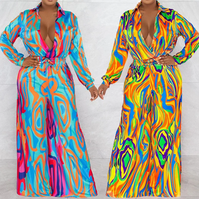 

2023 New Feminine Casual Print Collar Long Sleeve Wide Leg Jumpsuit