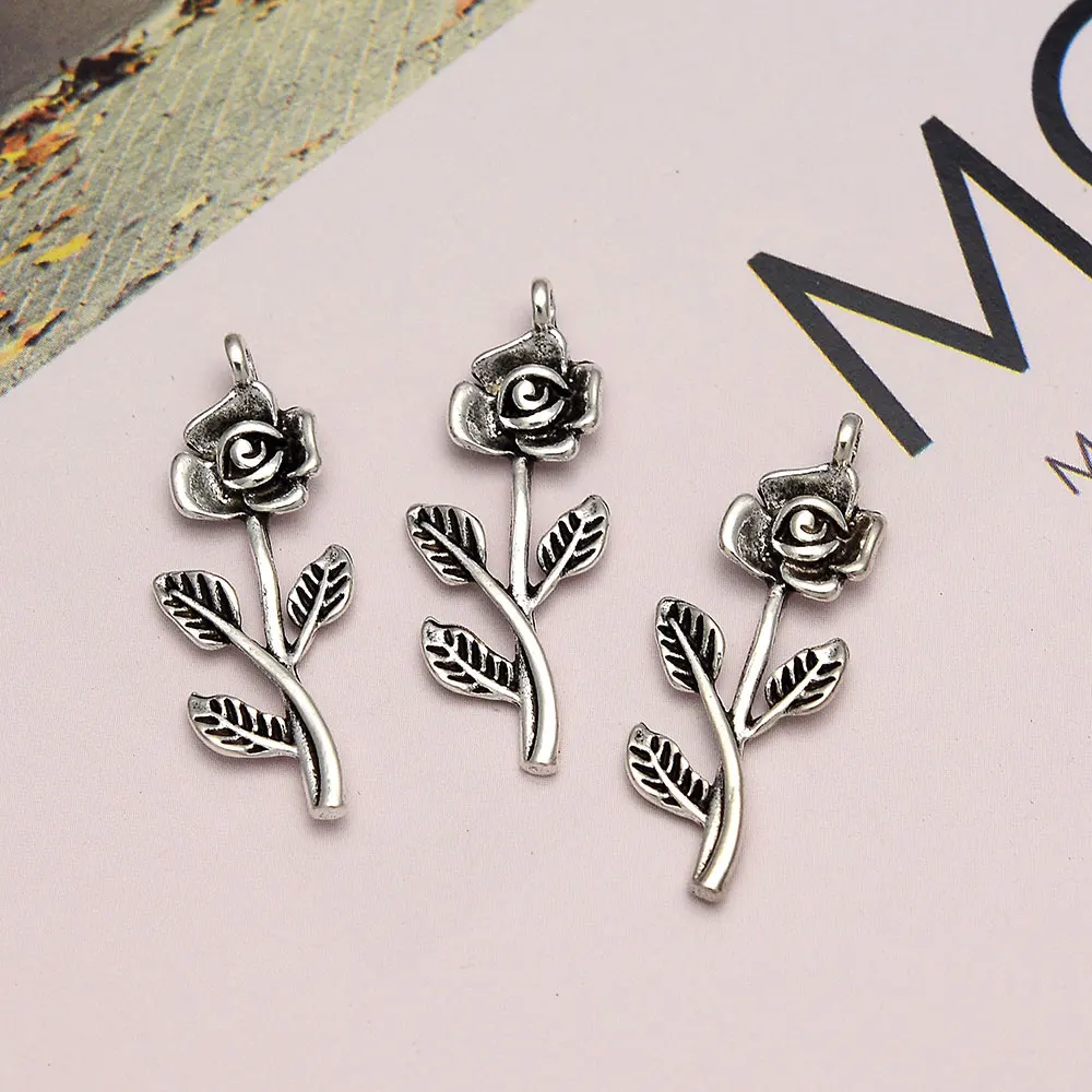 

20pcs/Lots 30x11mm Antique Rose Charms Flower Plants Pendants For DIY Earring Necklace Jewelry Making Supplies Accessories