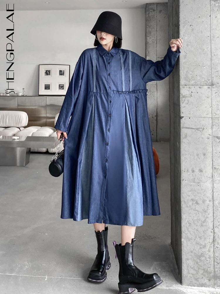 

Женское плиссированное платье SHENGPALAE, однотонное свободное платье с отложным воротником и длинным рукавом, осень 2022, новое модное платье 5W1060