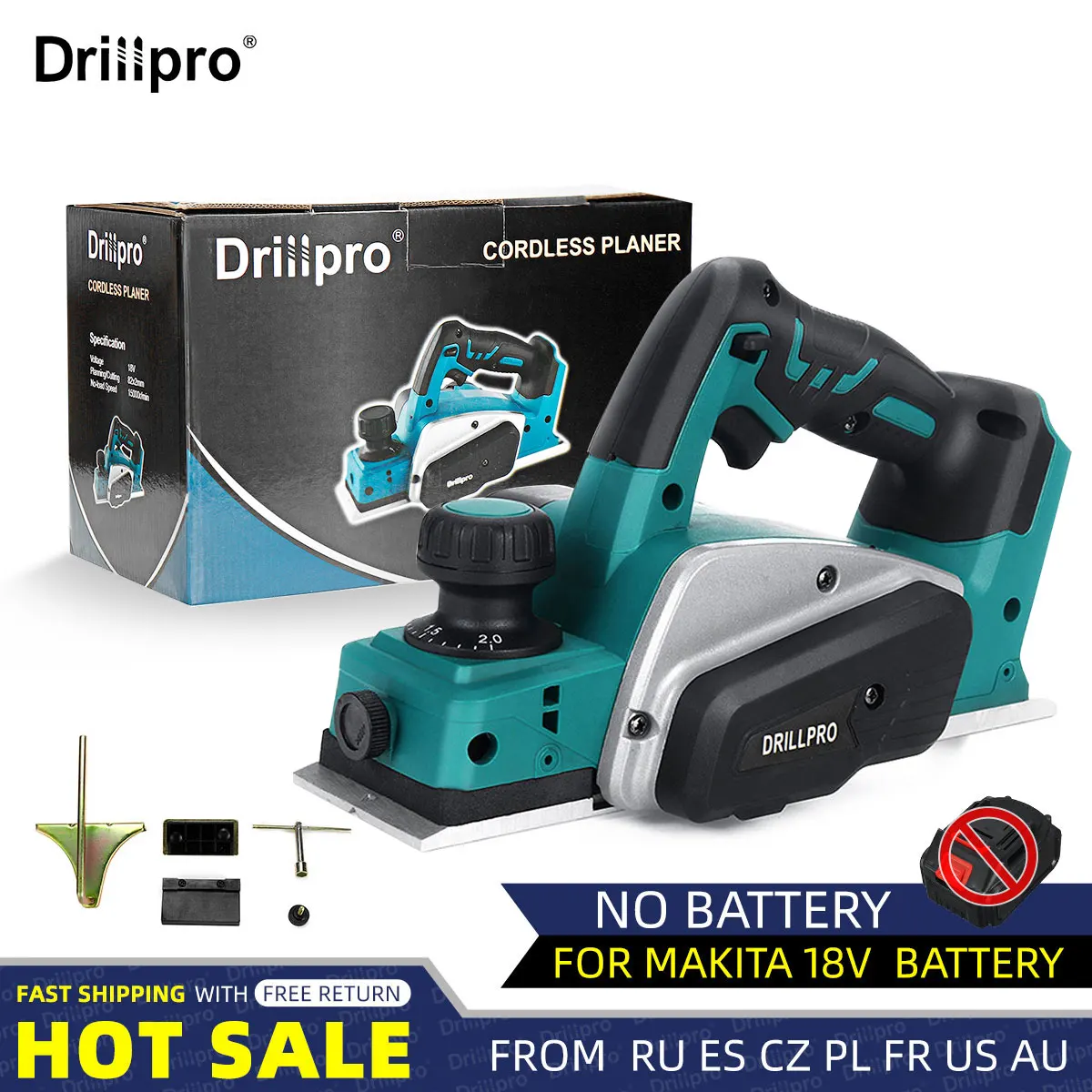 Drillpro 18V 15000r/min Cordless Electric Planer with Wrench Handheld Rechargeable for Makita 18V Battery Wood Cutting