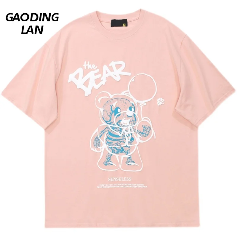 

Women Short Sleeve T-shirts Round Neck Cotton Summer Y2k Oversize Tops Female Foam Letter Bear Print Large Size Loose Long Tees