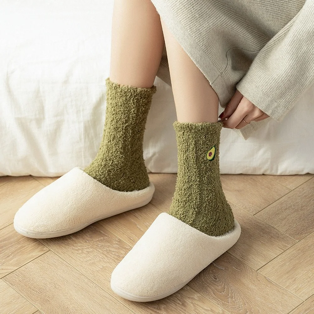 7 Pairs New Harajuku Fruit Embroidery Coral Fleece Women Socks Autumn and Winter Avocado Strawberry Warm Sleep Floor Socks