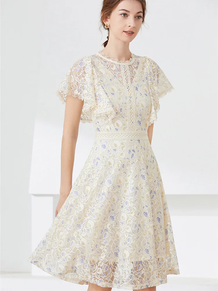 

Luxury Butterfly Sleeves Printing Lace Dress Women Summer Temperament O Neck Hollowed Out Runway Elegant A Line Dresses Femme