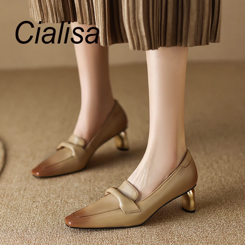 Cialisa Women Pumps New 2023 Spring Fashion Shoes Genuine Leather Casual Handmade Strange High Heels Slip-On Lady Footwear Black