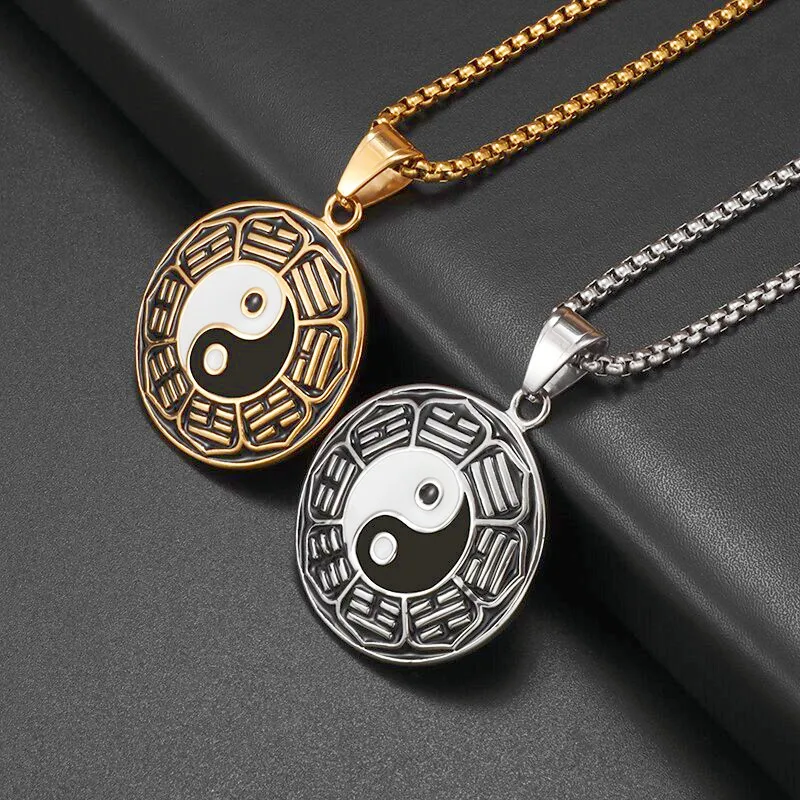 

Men Women Retro Chinese Style Tai Chi Yin Yang Gossip White and Black Enamel Pendant Necklace Taoist Lucky Exorcism Amulet