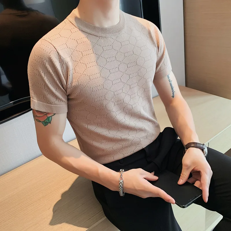 

2022 Men's Fashion Summer High Quality Lce Silk Short Sleeve T-Shirts/Male Slim Fit Round Collar Knitted T-Shirt Plus Size S-4XL