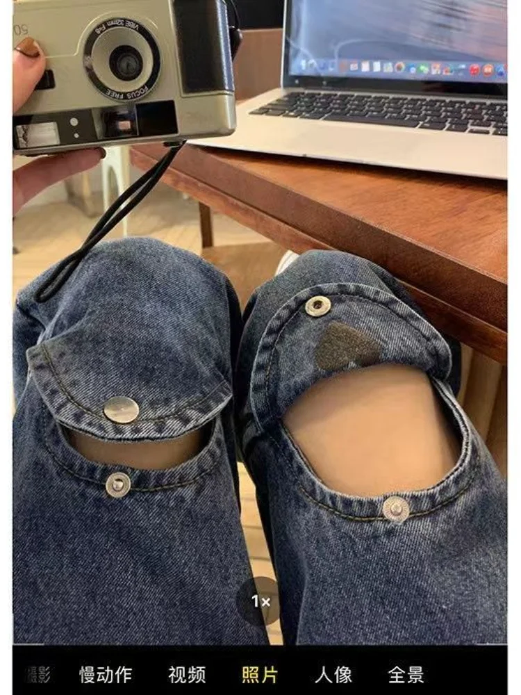 ADAgirl Blue Women Jeans Y2k Vintage Hearts Pattern Ripped Wide Leg Pants Streetwear Slouchy High Waist Female Denim Trousers