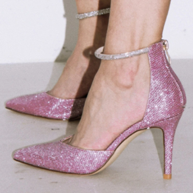 

2022 New Pointed Stiletto Heel Sequined Buckle Strap Hollow Single Shoes Women's Banquet Bridal Shoes