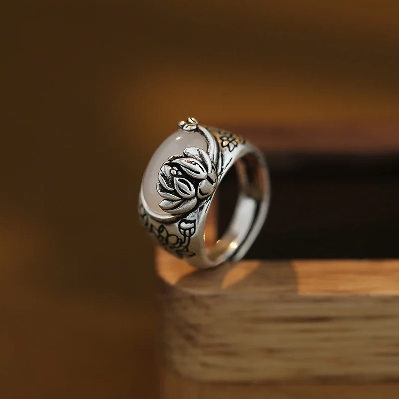 Ручное серебряное Винтажное кольцо в форме лотоса для женщин Геометрическая