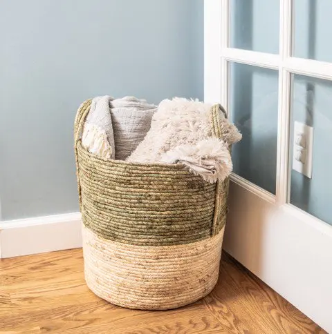 

Extra Large Green Striped Maize Colored Basket: Perfect for Shopping, Storage and Home Decor.