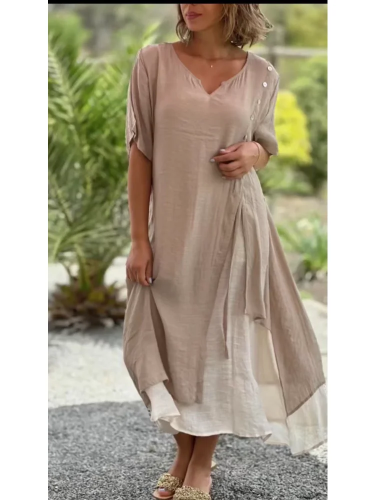 

Женское платье, летнее модное свободное удобное платье для отдыха с V-образным вырезом и коротким рукавом, имитация двух асимметричных и очень больших размеров, платье, одежда