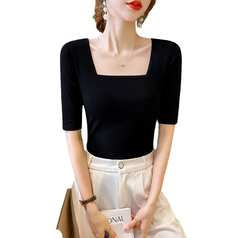 Женская футболка приталенного кроя из чистого хлопка с квадратным воротником и