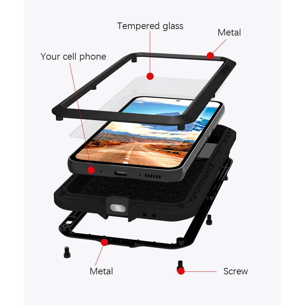 LOVE MEI For Galaxy A54 Metal Armor Case A34 A53 A72 A52 A71 A51 A52s A42 Military Grade Silicone Cover Built-in Glass Protector
