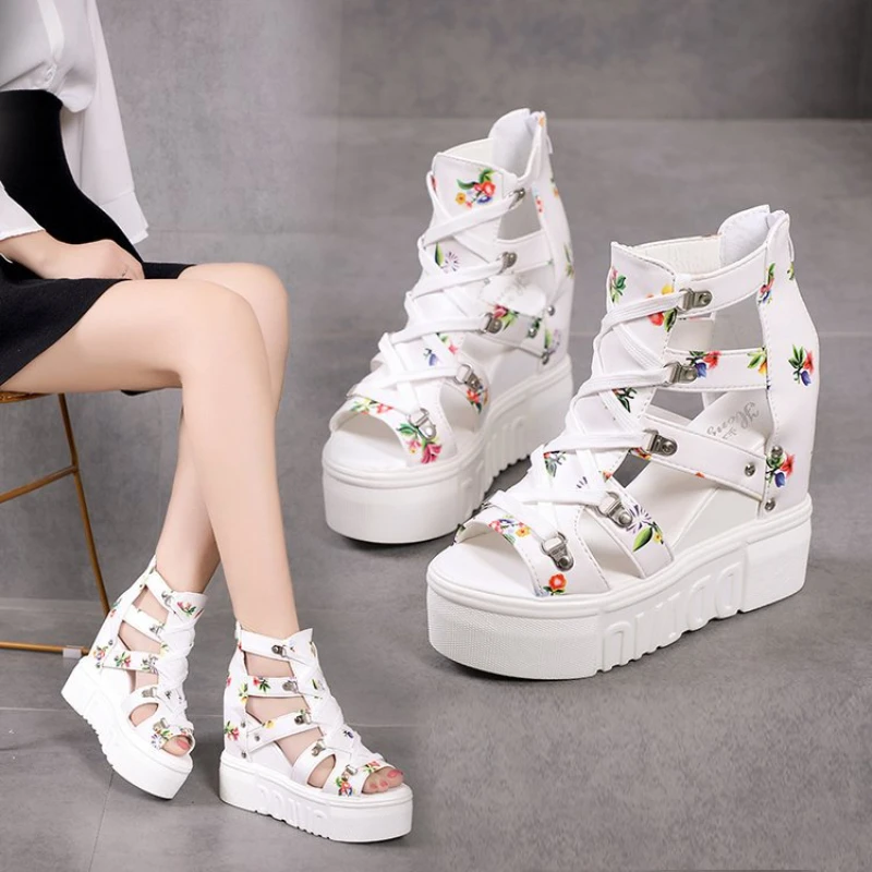 

High-heeled Sandals Women's 2023 Summer Thick-bottomed Wedge Hollow Fish Mouth Roman Style Gladiator Casual Zipper Platform Shoe