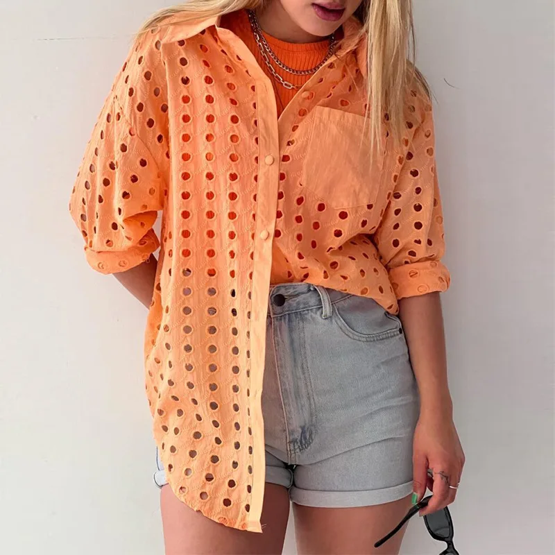 

New Fashion Lapel Single Breasted Tops Cardigan Elegant Solid Color Long Sleeve Shirt Lady Casual Hollow Out Cotton Loose Blouse