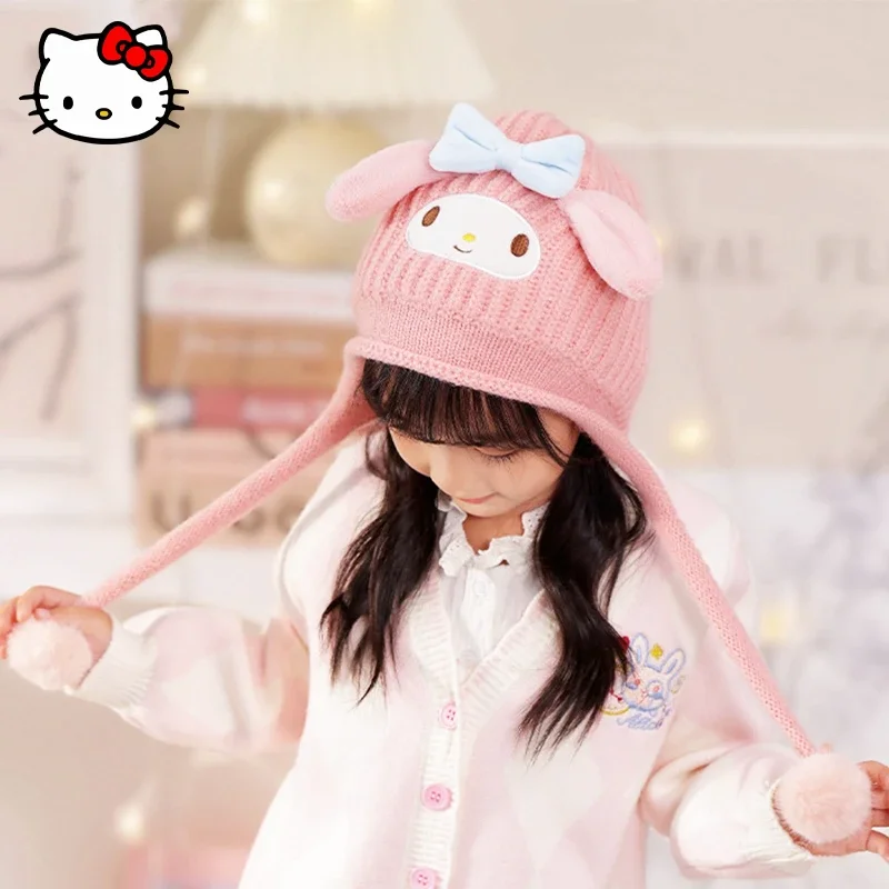

Sanrio MyMelody Cinnamoroll Pochacco Hat Kawaii Winter Children's Windproof Warm Embroidered Knitted Hat Student Double Ball Hat