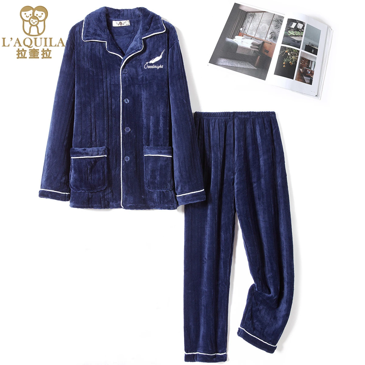 L’AQUILA  2023 Newest Winter Thicken Warm Flannel Men's pajamas Sets Basic Dark Blue Embroidery Design Two-piece Set Sleepwear