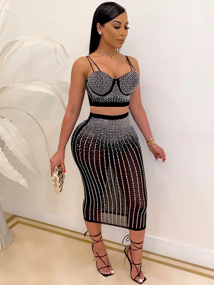 

Black Apricot Women 2 Piece Matching Sets Night Birthday Party Club Bar Outfits Camisole Backless Crop Top+bodycon Sheath Skirt