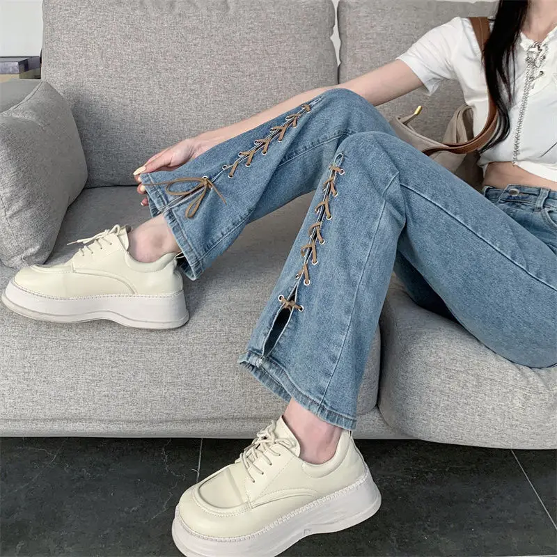 Women's Spring Summer Boot Cut Jeans Korean Girls Fashion Lace Up High Waist Denim Long Pants Lady Trendy Bandage Trousers 2022 images - 6