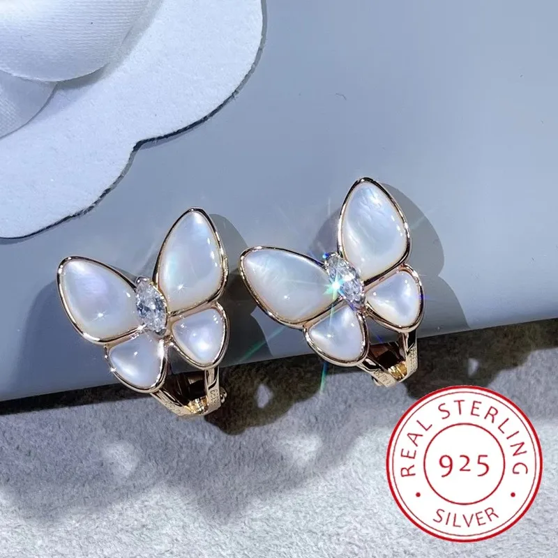 

Classic 925 Sterling Silver White Mother Of Fritillaria Butterfly Stud Earrings Women Fashion Luxury Brand Fine Jewelry Gift