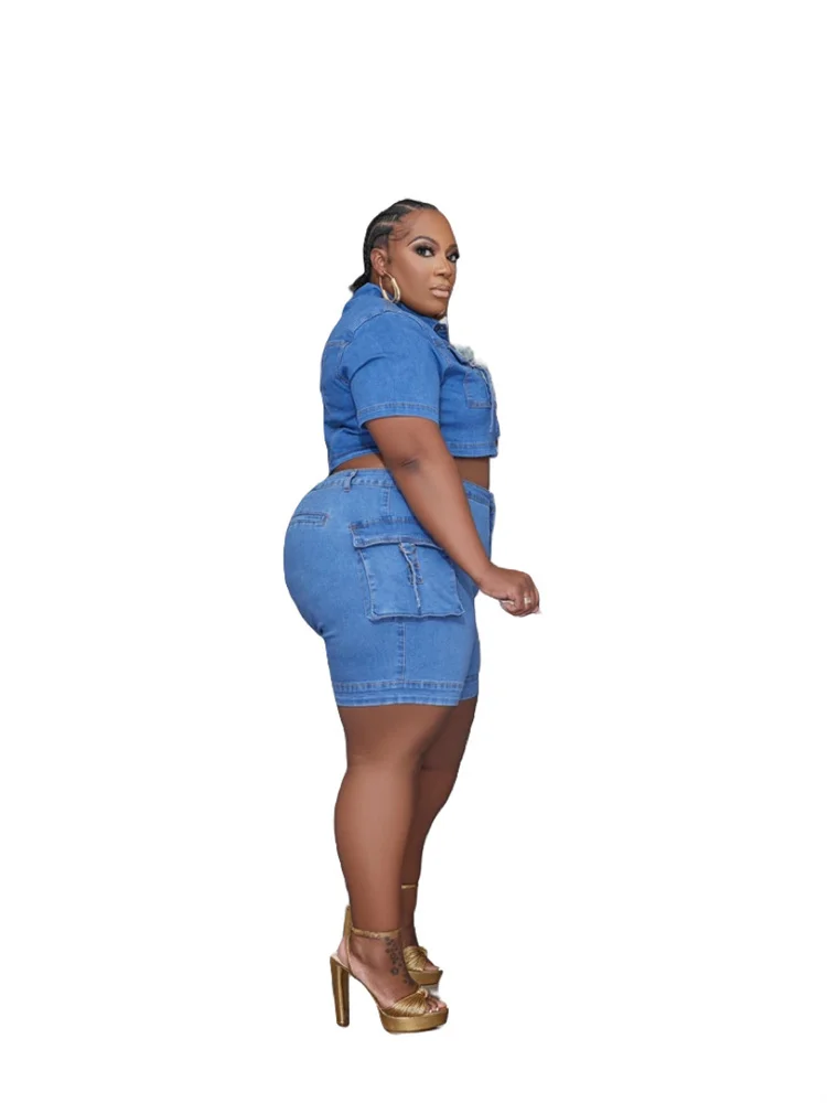Plus Size Denim Two Piece Set Women 2023 Shorts Sets Pockets Top and Pants Fashion New in Fashion Matc 3xl 4xl 5xl 6xl