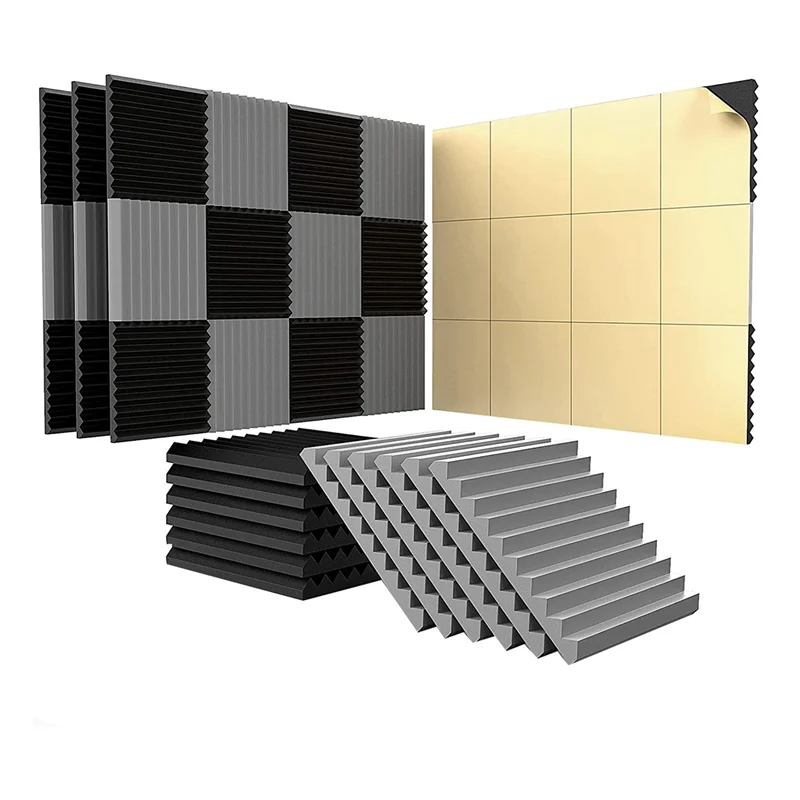 

Комплект из 24 самоклеящихся акустических панелей, 1x12x12 дюймов, звукостойкие пенопластовые панели, для домашней студии, черные + серые
