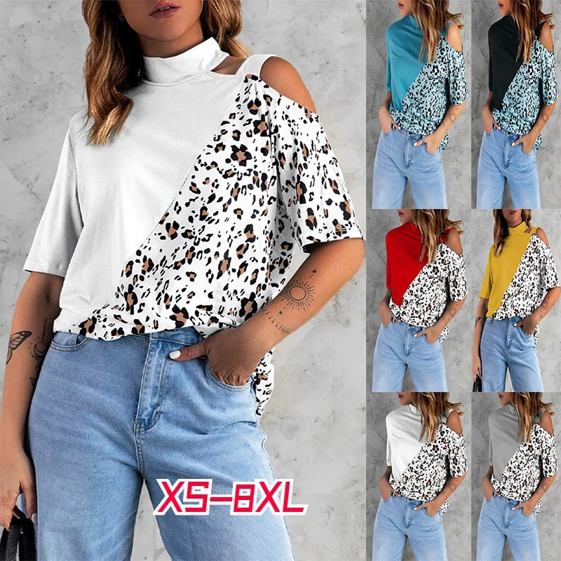 2022 Summer Women'S Sexy White Stitching Top Fashion Hollow Short-Sleeved T-Shirt S-3Xl Street Casual Off-The-Shoulder