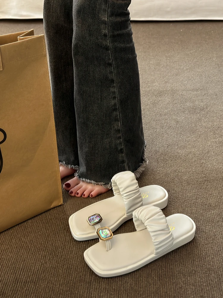 

Шлепанцы женские с квадратным носком, резиновые сандалии с блестками, плоская подошва, Гавайский стиль, ПУ, базовые, лето 2023